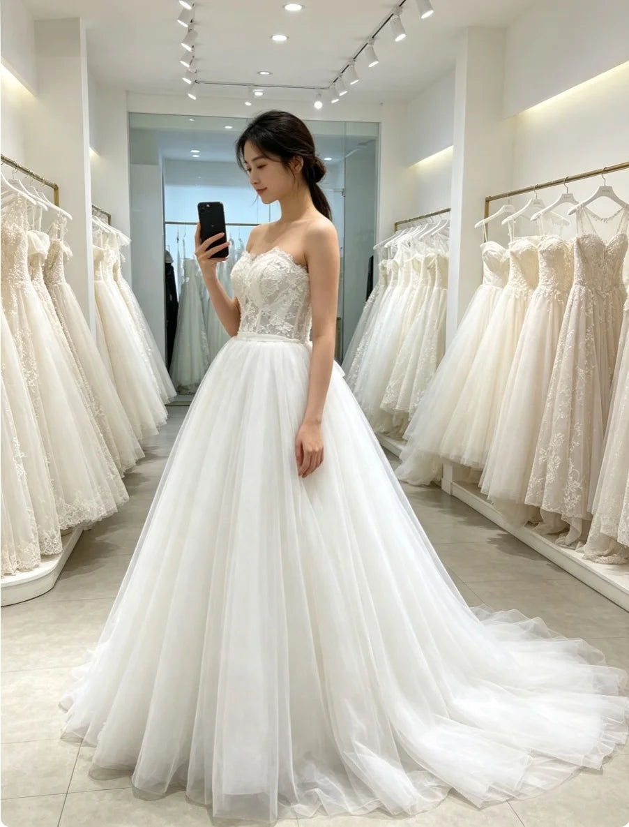 Ivory Lace Satin Corset Strapless Ball Gown Wedding Dress