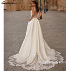 Customized Satin Wedding Dress With Elegant Lace Appliques For Bride