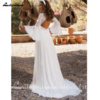 Boho Chiffon Wedding Dress Flare Sleeve Boat Neck Lace Backless Bridal