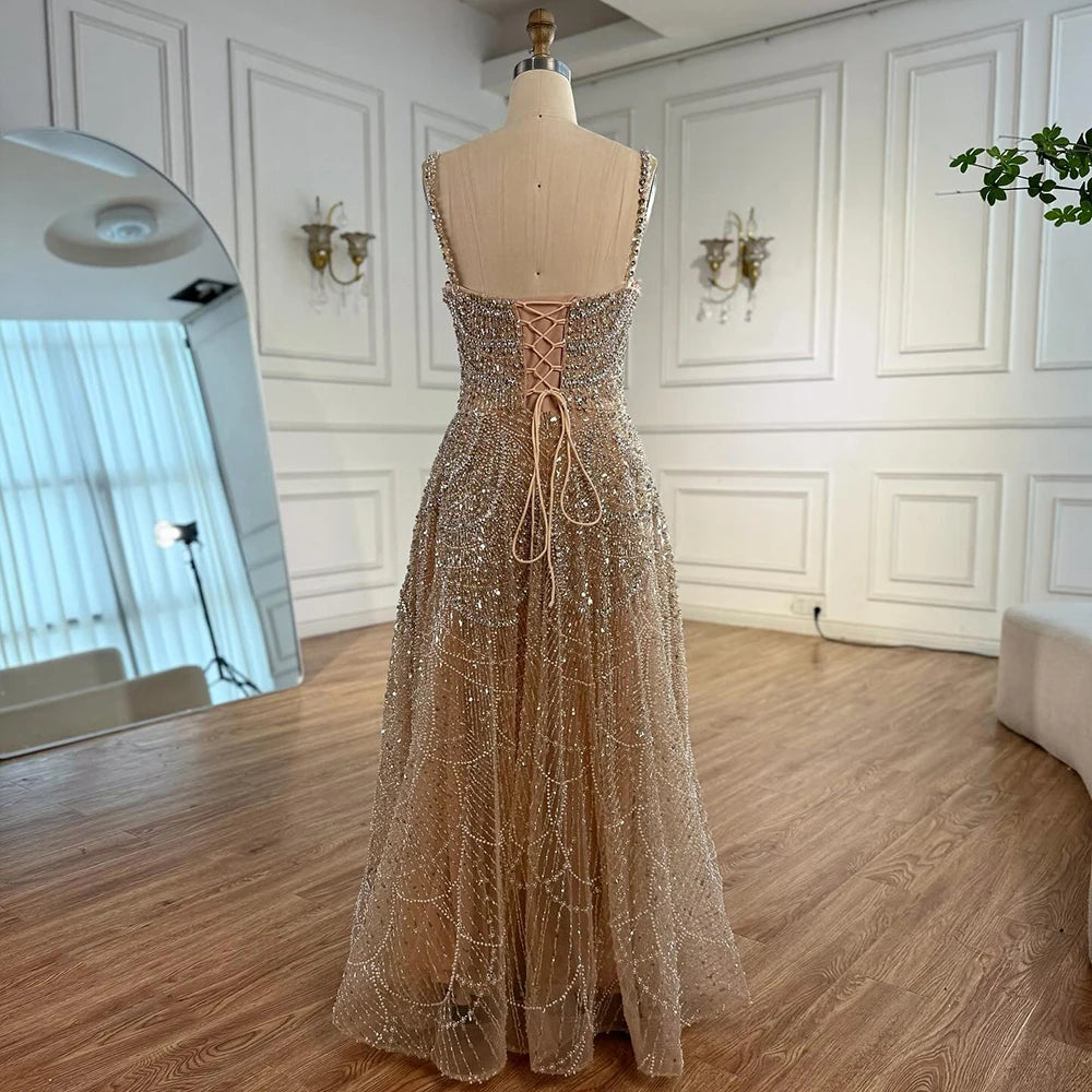 Serene Hill Customized Nude Prom Dress Spaghetti Strap Lace-up Back Evening Gown Crystal Beaded Party Gwons for Women DLA72983A