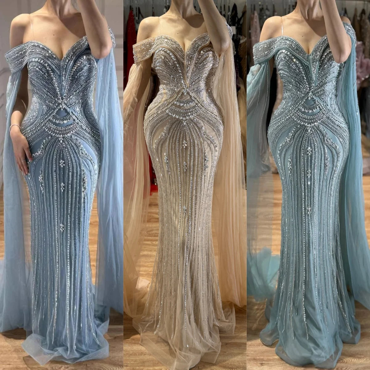 Serene Hill Dusty Blue Off Shoulder Beaded Mermaid Custom Evening Gown