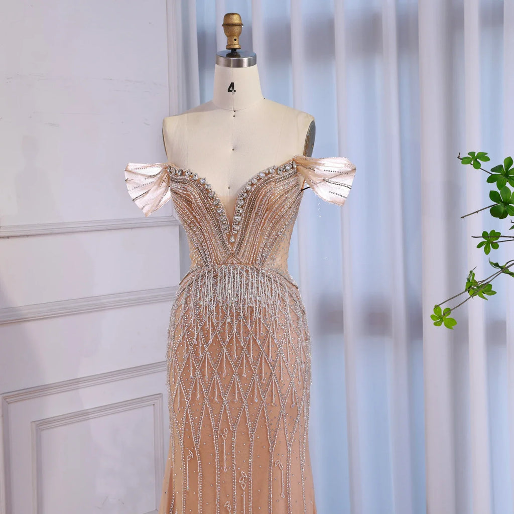 Luxury Nude Off Shoulder Beaded Tassel Evening Dress LA72854A