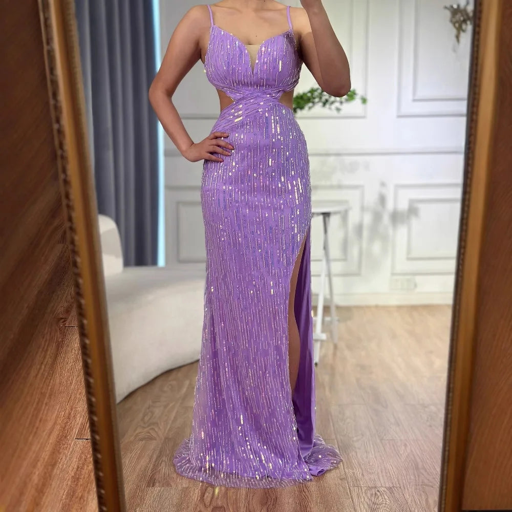 Vestido de gala lujoso morado con lentejuelas, abertura y cintura recortada LA73000