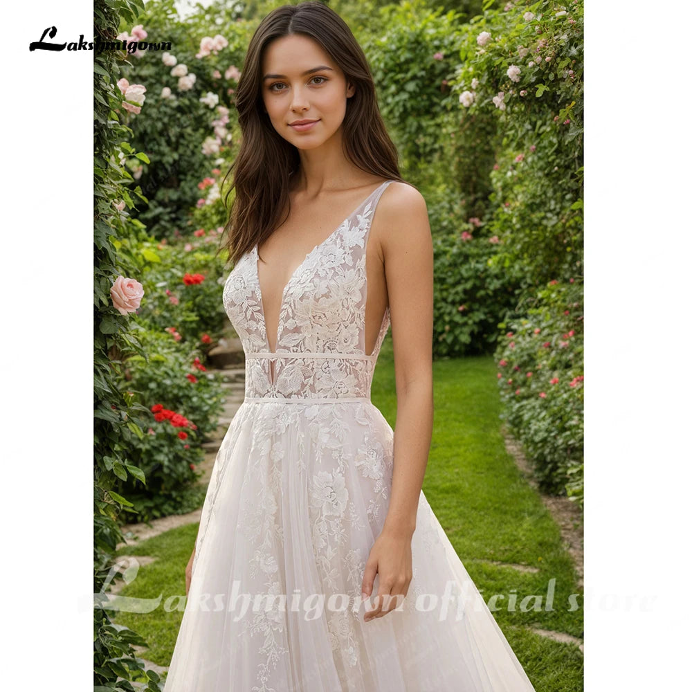 Custom A Line Plunging V Neck Wedding Dress With Tulle Skirt