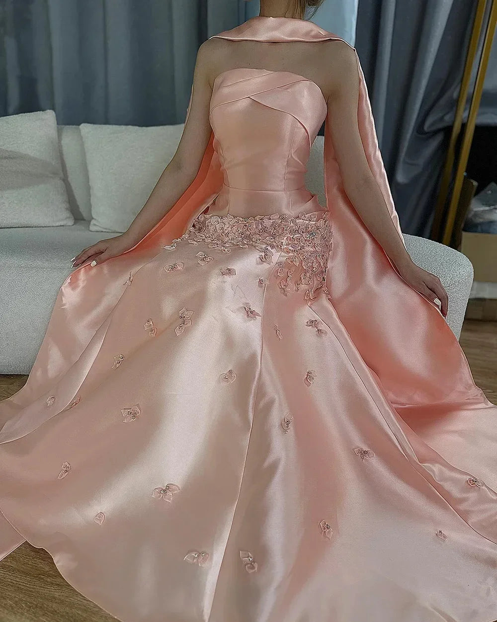 Customized Baby Blue Satin Mermaid Evening Dress Applique Gown For Women