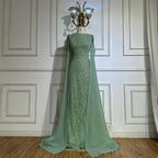 Custom Sage Green Mermaid Evening Dress With Beaded Cape Sleeves Gown