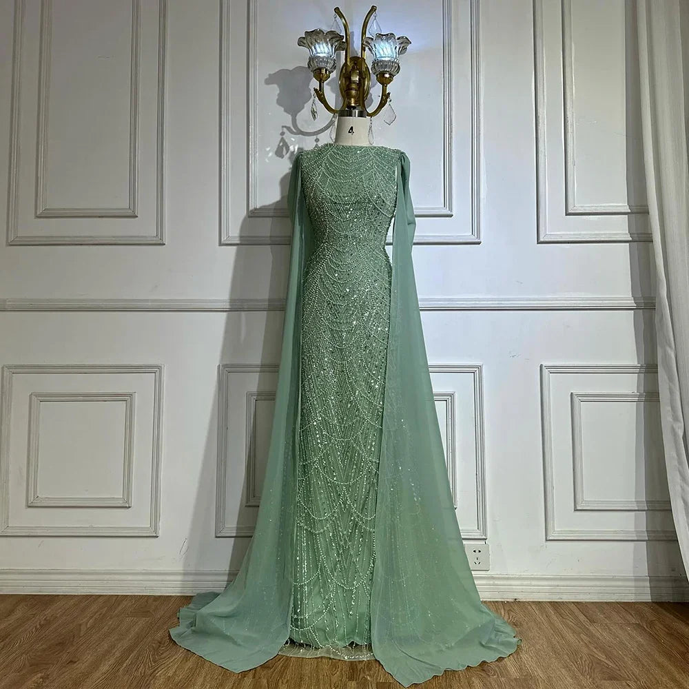 Custom Sage Green Mermaid Evening Dress With Beaded Cape Sleeves Gown