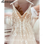 Custom Boho Wedding Dress A Line Open Back V Neck Tulle Lace Bridal Gown
