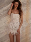 Short Strapless Feathered Wedding Dress Sparkly Mini Bridal Gown