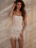 Short Strapless Feathered Wedding Dress Sparkly Mini Bridal Gown