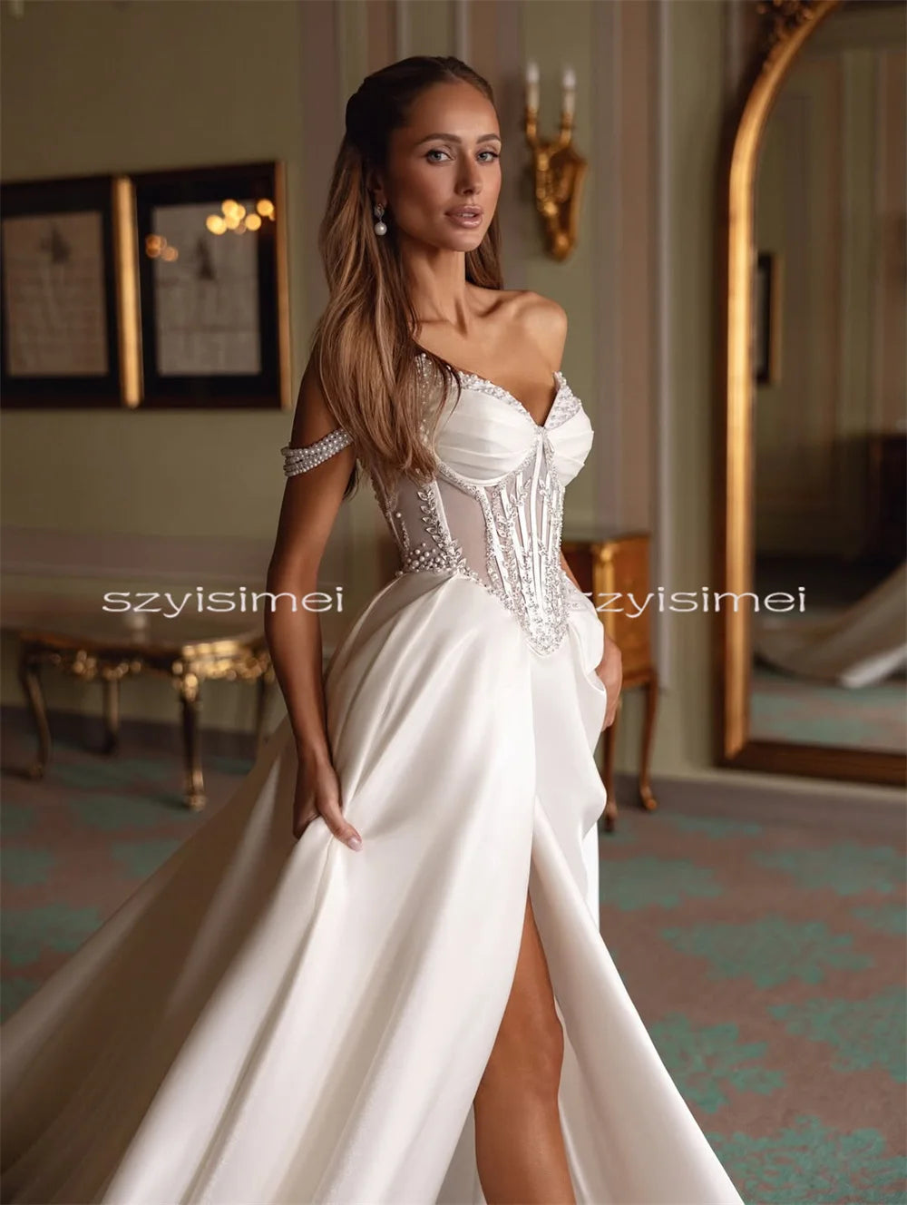 Custom Satin A Line Wedding Dress Front Split Sweetheart Bridal Gown