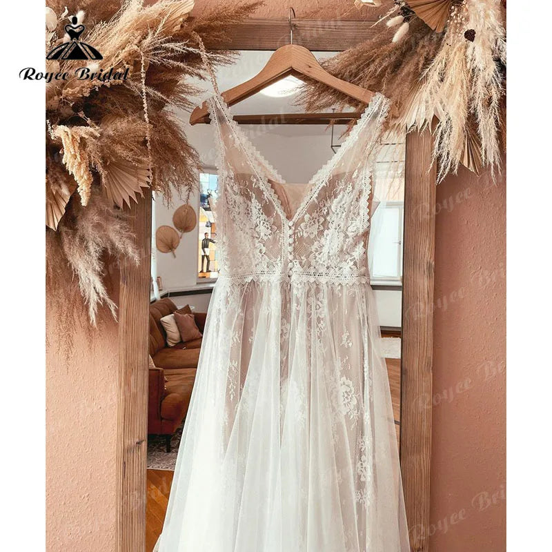 Custom Boho V Neck Lace Wedding Dress Backless Beach Bridal Gown