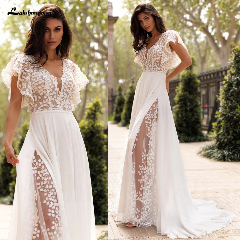 Lakshmigown Summer Boho Wedding Dress Beach Lace V Neck Custom Bridal Gown