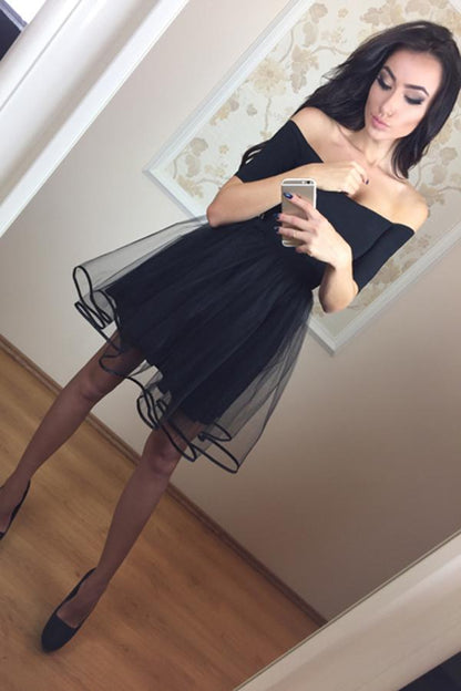 Black Short Sleeve Off Shoulder Homecoming Dress,Tulle Short Prom Dresses