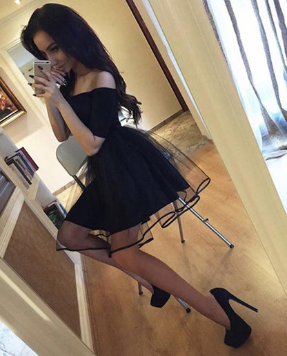 Black Short Sleeve Off Shoulder Homecoming Dress,Tulle Short Prom Dresses