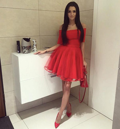 Black Short Sleeve Off Shoulder Homecoming Dress,Tulle Short Prom Dresses