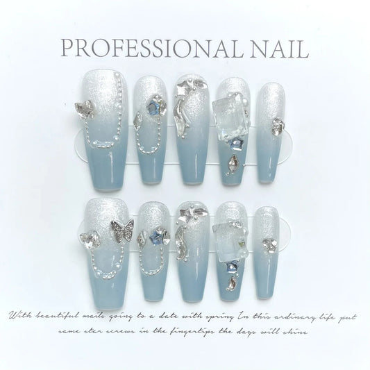 10 uñas postizas en degradado azul, hechas a mano, estilo francés, con cadena de destellos, decoración de diamantes de imitación, uñas postizas usables. 