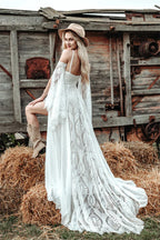 Bohemian Cold Shoulder Wedding Dress With Bell Sleeves And Side Slit