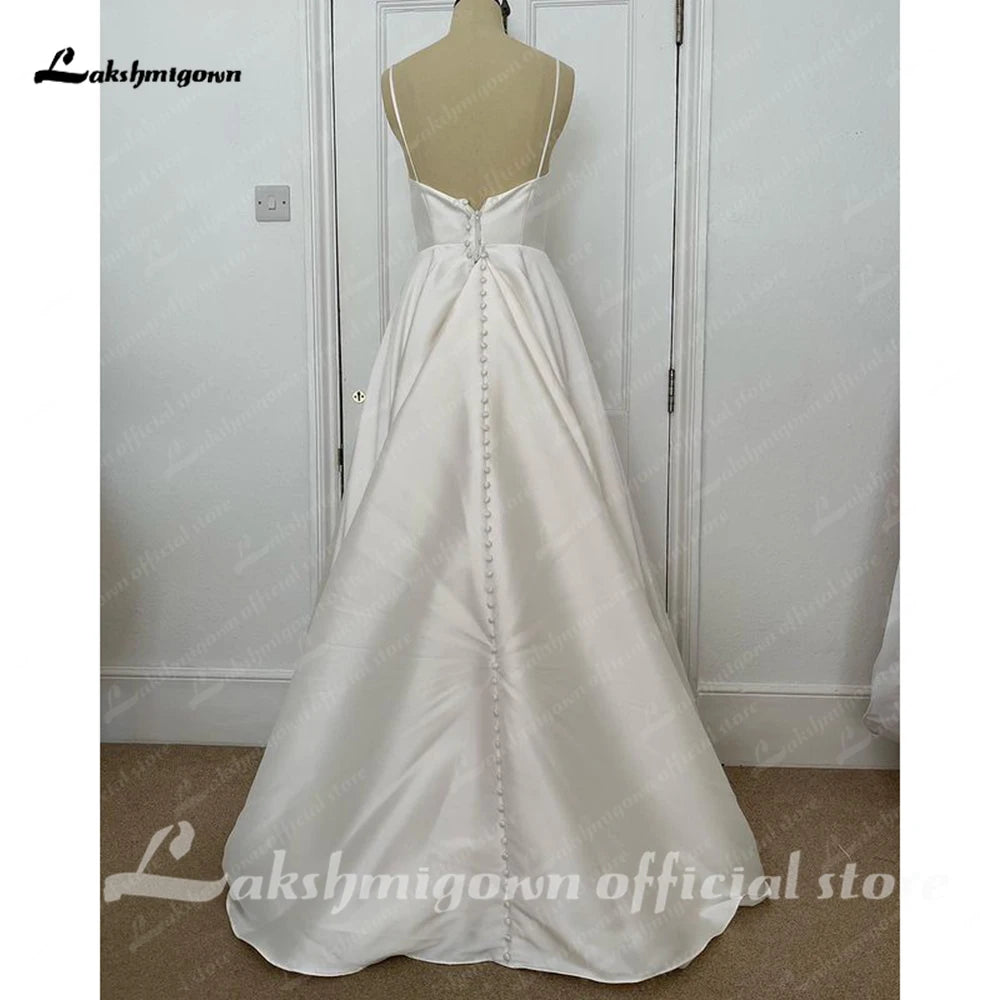Lakshmigown Satin Mermaid Wedding Dress Spaghetti Straps Backless Bow