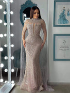Luxury Evening Dress Nude Pearls Beaded Gown With Tulle Train LA72189A
