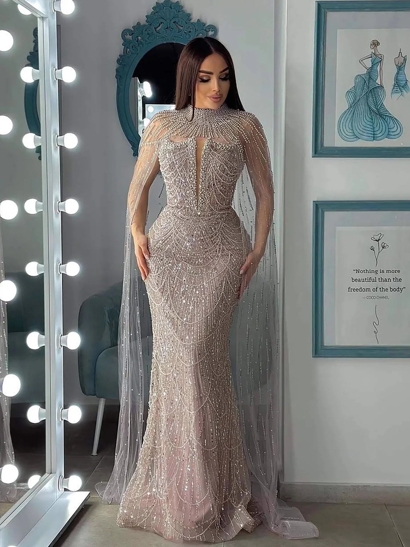 Luxury Evening Dress Nude Pearls Beaded Gown With Tulle Train LA72189A