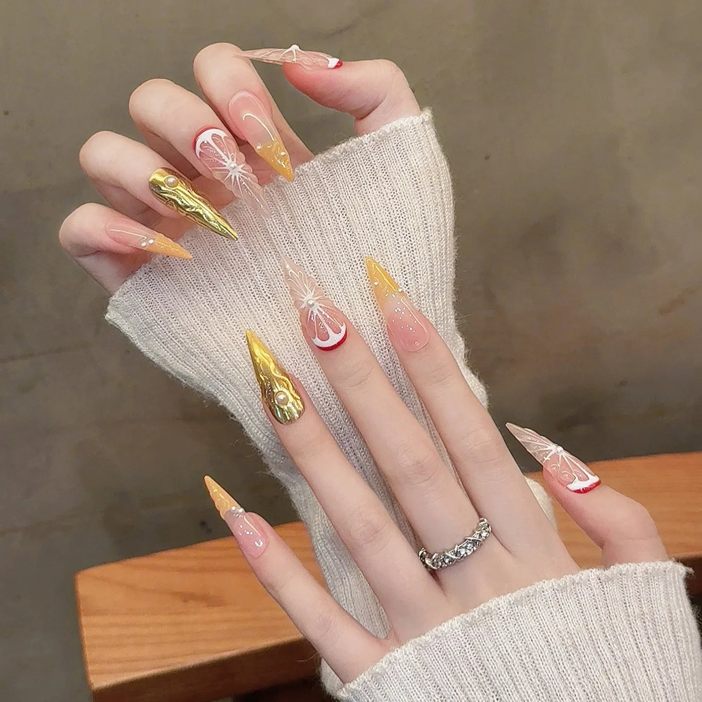 10 uñas postizas hechas a mano con diseños 3D de naranja dulce, reutilizables, largas, estilo stiletto, para salón de belleza. 