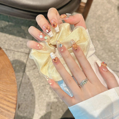 10 uñas postizas Kapibala hechas a mano, color rosa rubor, pintadas a mano, estilo francés, con lazos decorativos, uñas postizas para usar. 