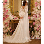 Custom Chiffon Beach Wedding Dress A Line V Neck Puff Sleeve Bridal Gown