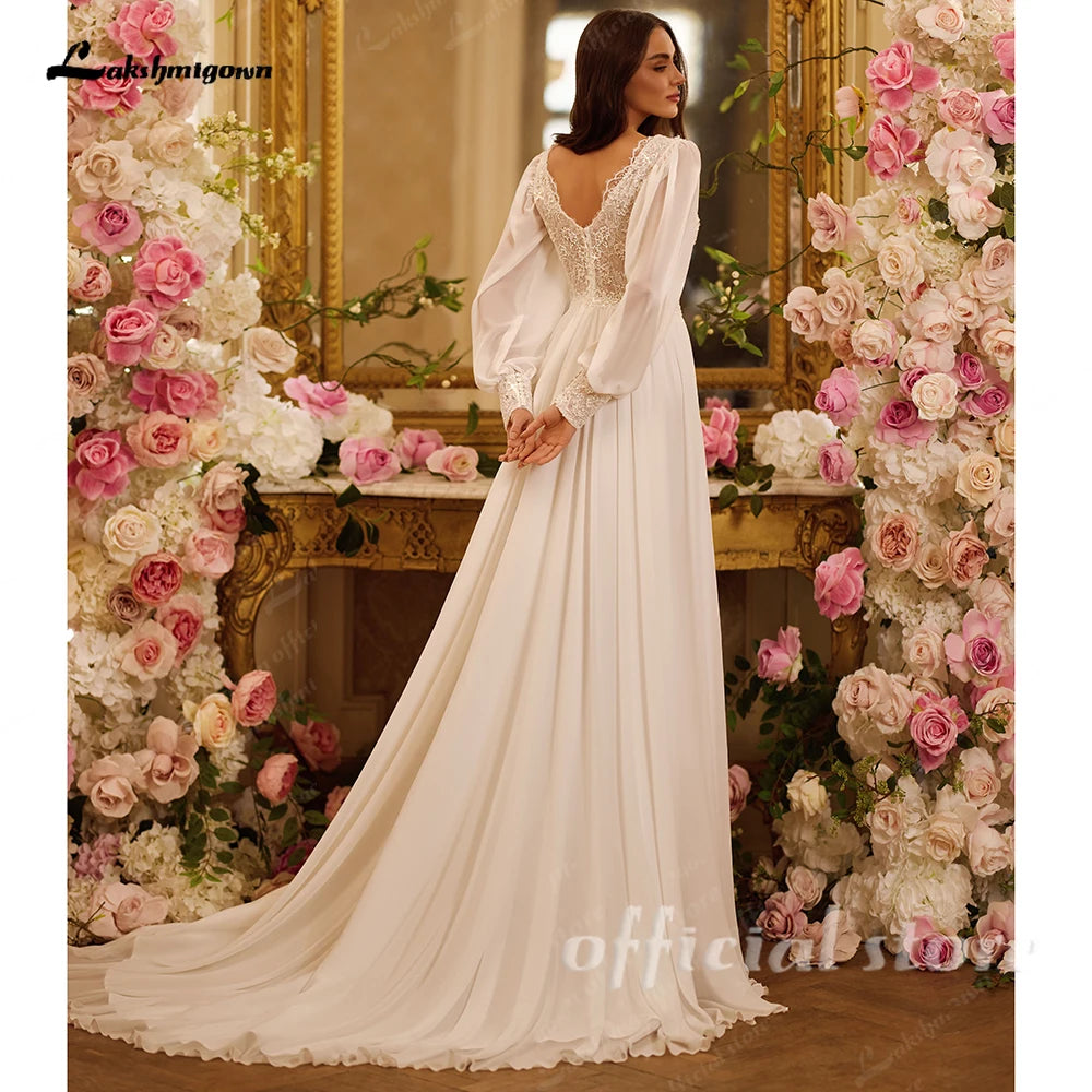 Custom Chiffon Beach Wedding Dress A Line V Neck Puff Sleeve Bridal Gown
