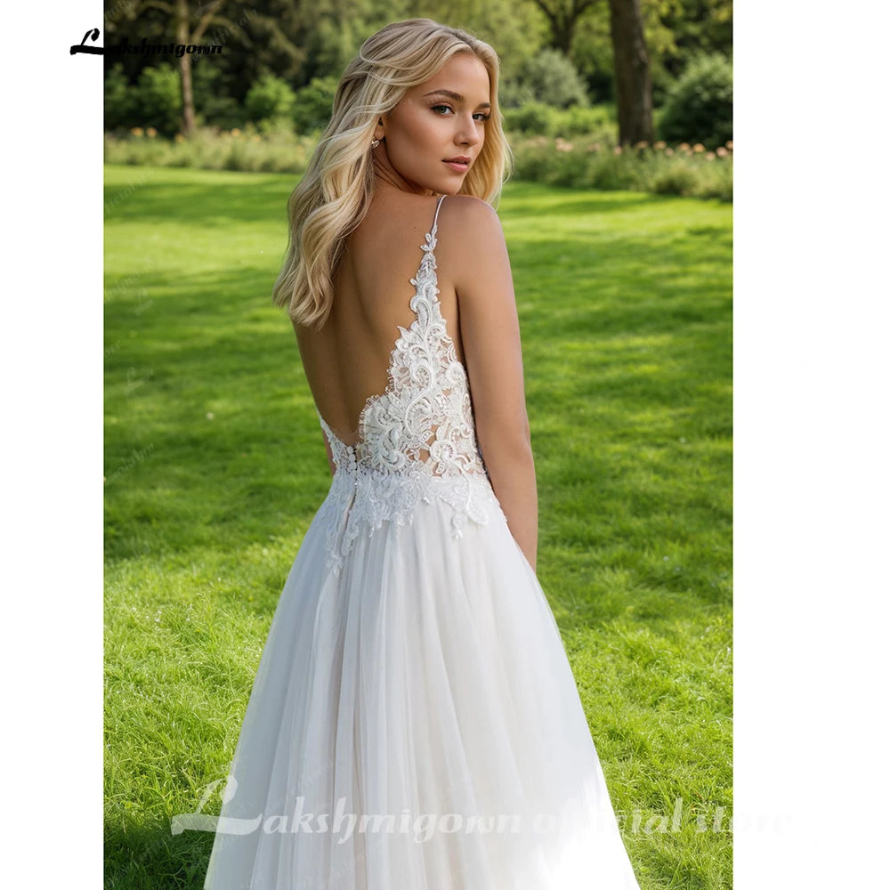 Custom Bohemian Open Back Wedding Dress With Lace Appliques