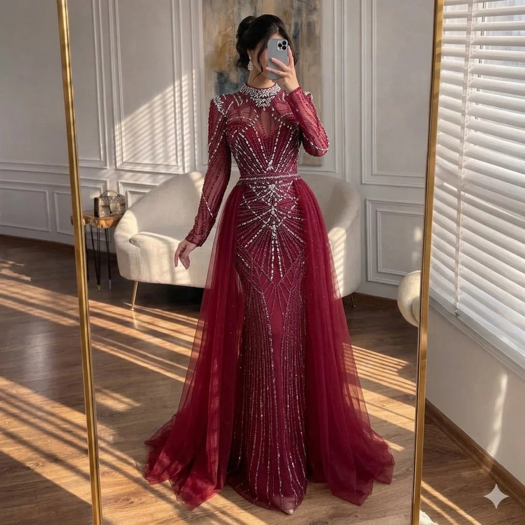 Serene Hill Custom Nude Muslim Mermaid Evening Gown Long Sleeves