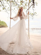 Plus Size Long Sleeve V Neck Lace Applique Custom Boho Bridal Dress