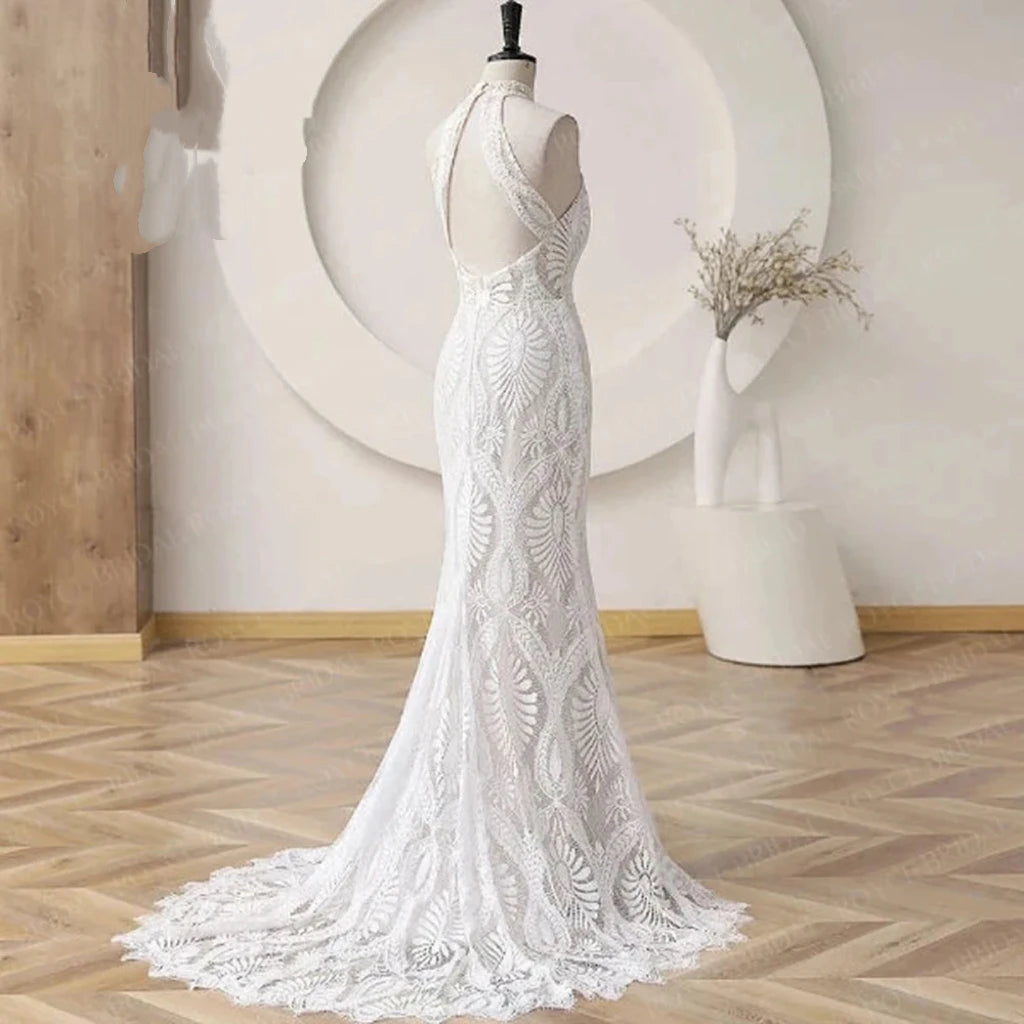 Custom Boho Wedding Dress Halter Lace Backless Beach Bridal Gown For Bride