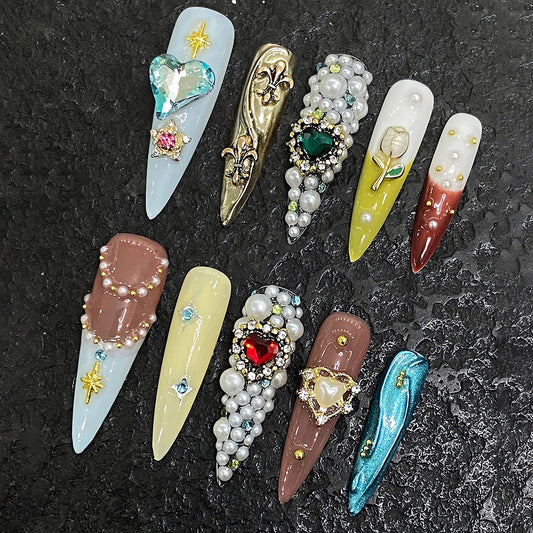 10 uñas postizas francesas hechas a mano con diseño de flores de tulipán, perla, corazón y diamante, uñas postizas de lujo para mujer. 