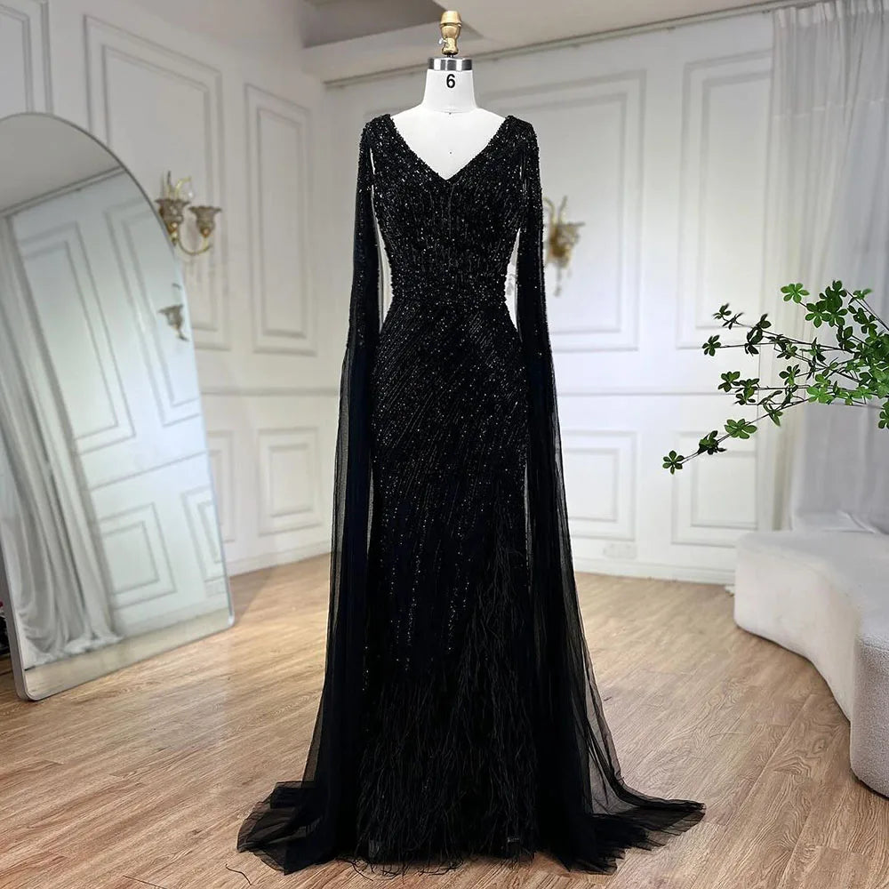Custom Black Mermaid Evening Dress With Cape Sleeves And Beaded Feathers