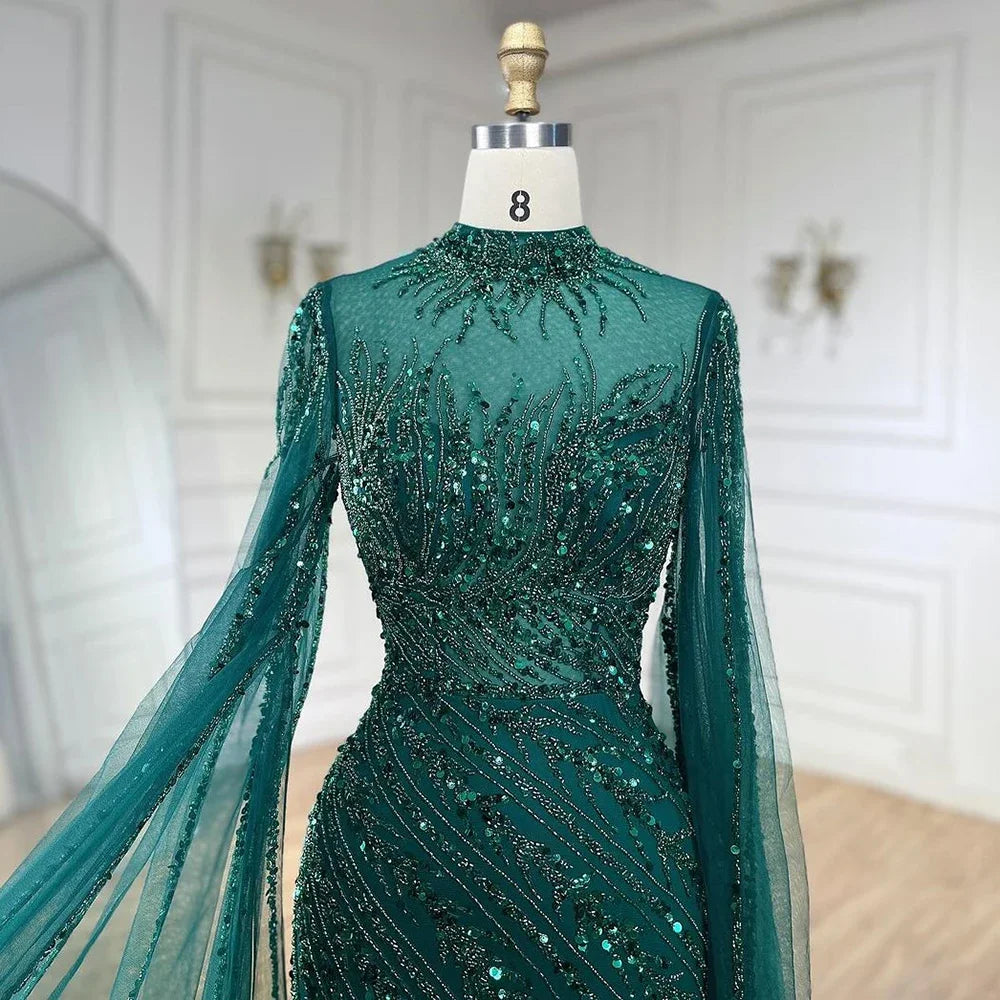Customized Caramel Mermaid Evening Dress With Beaded Cape Sleeves For Wedding