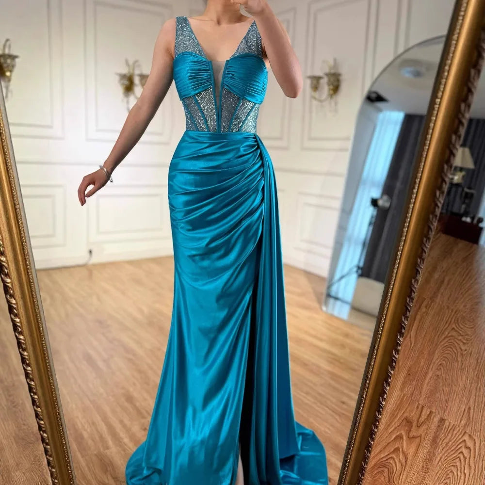 Blue Prom Dress with Side Overskirt Spaghetti Straps LA73011