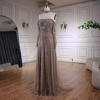 Caramel Beaded Off Shoulder Evening Dress With Long Sleeves For Party