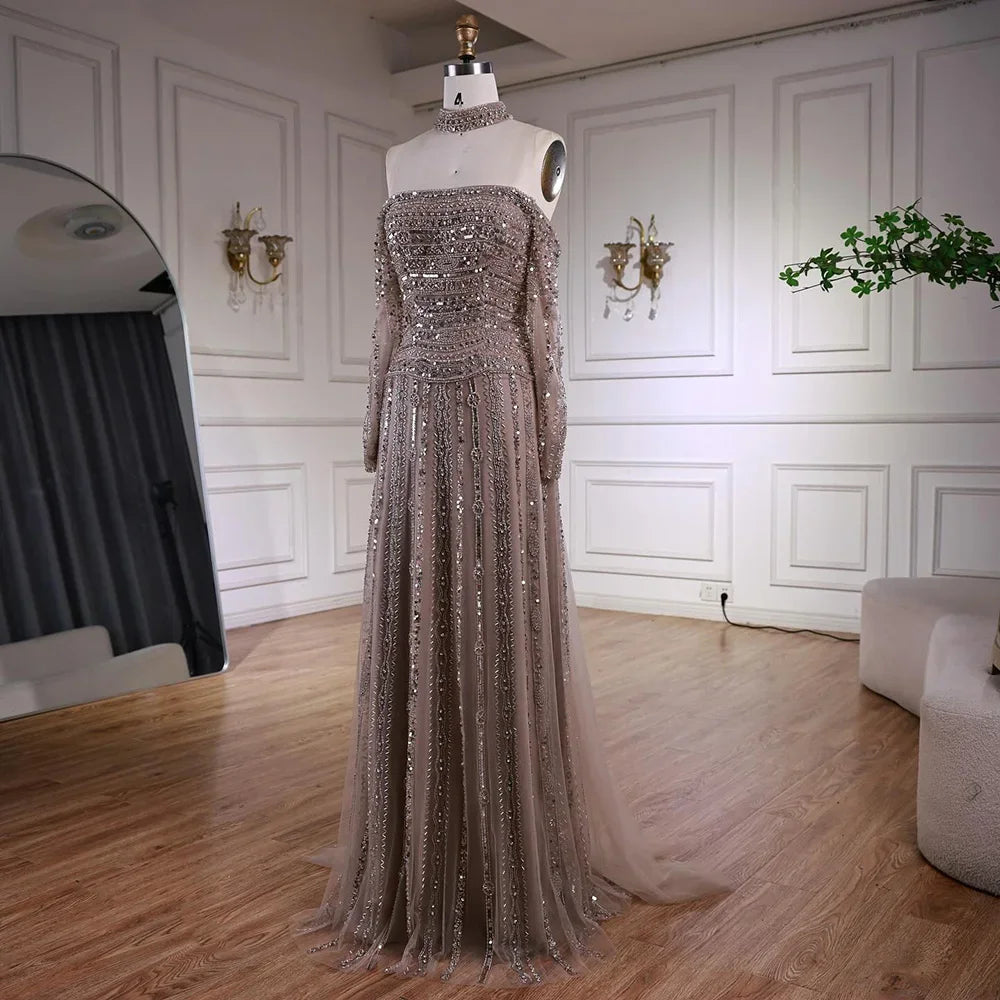 Caramel Beaded Off Shoulder Evening Dress With Long Sleeves For Party