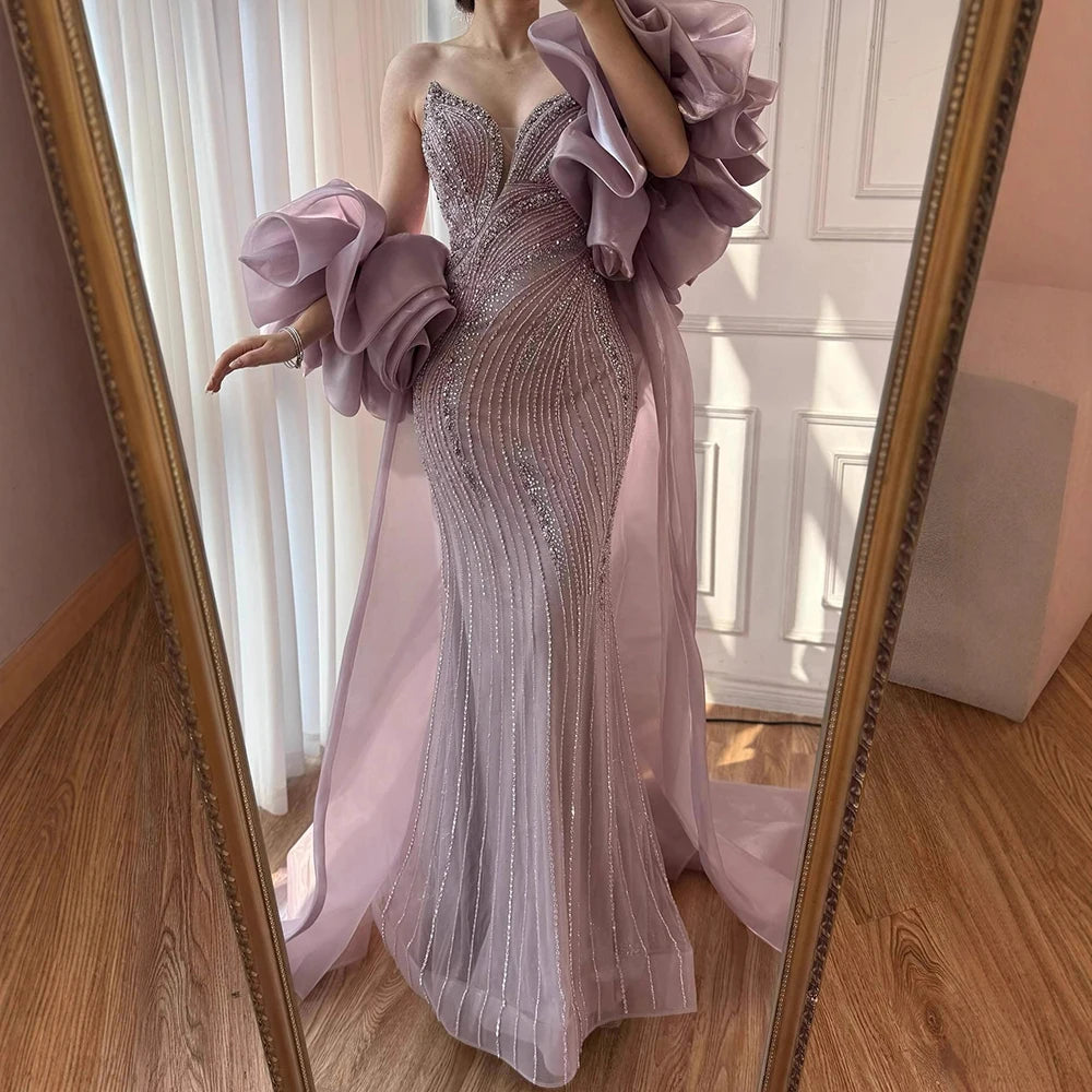 Custom Pink Strapless Mermaid Beaded Evening Gown With Cape