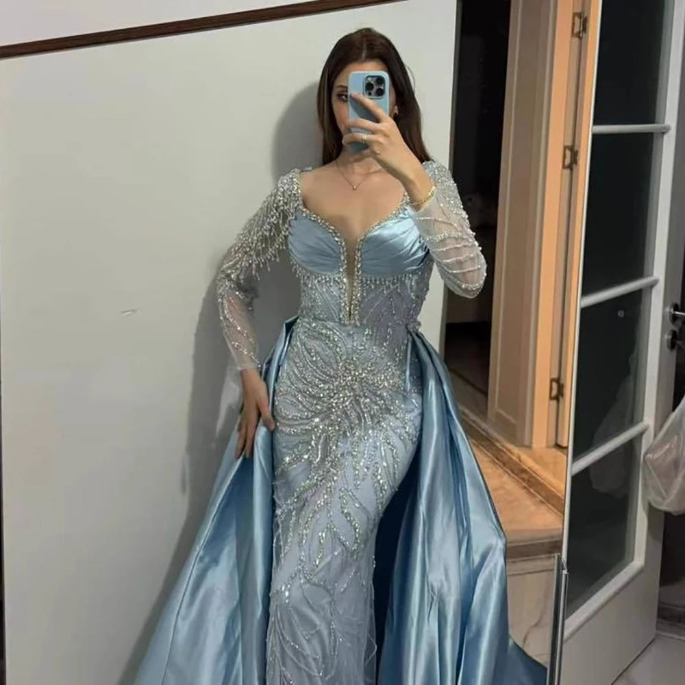 Blue Beaded Satin Evening Dress With Overskirt Long Sleeve Formal Gown