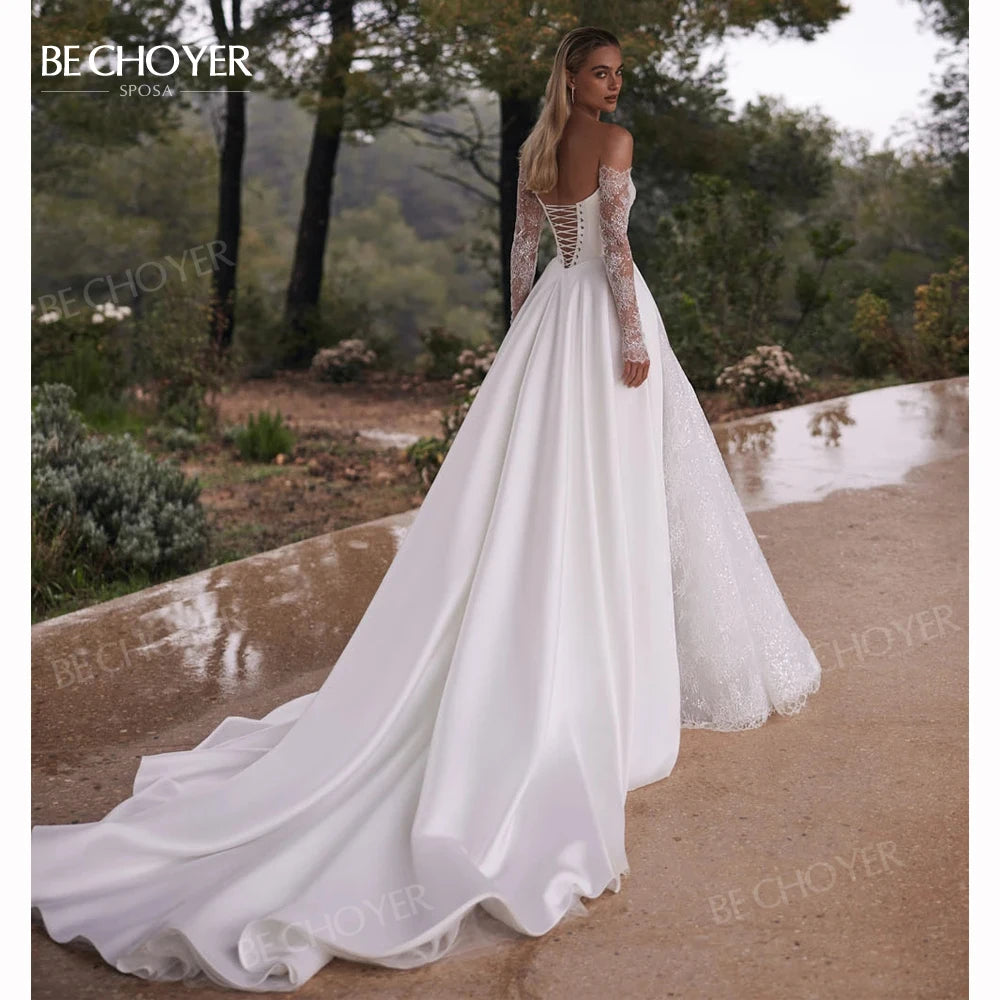Customized Off The Shoulder A Line Wedding Dress Long Sleeve Appliques Gown