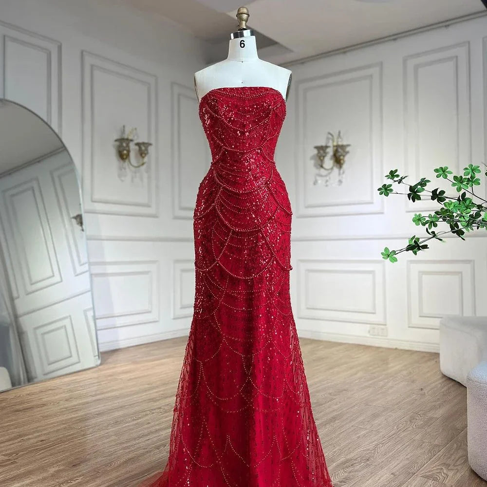 Custom Mermaid Evening Dress Pearl Beaded Strapless Wedding Cape Gown