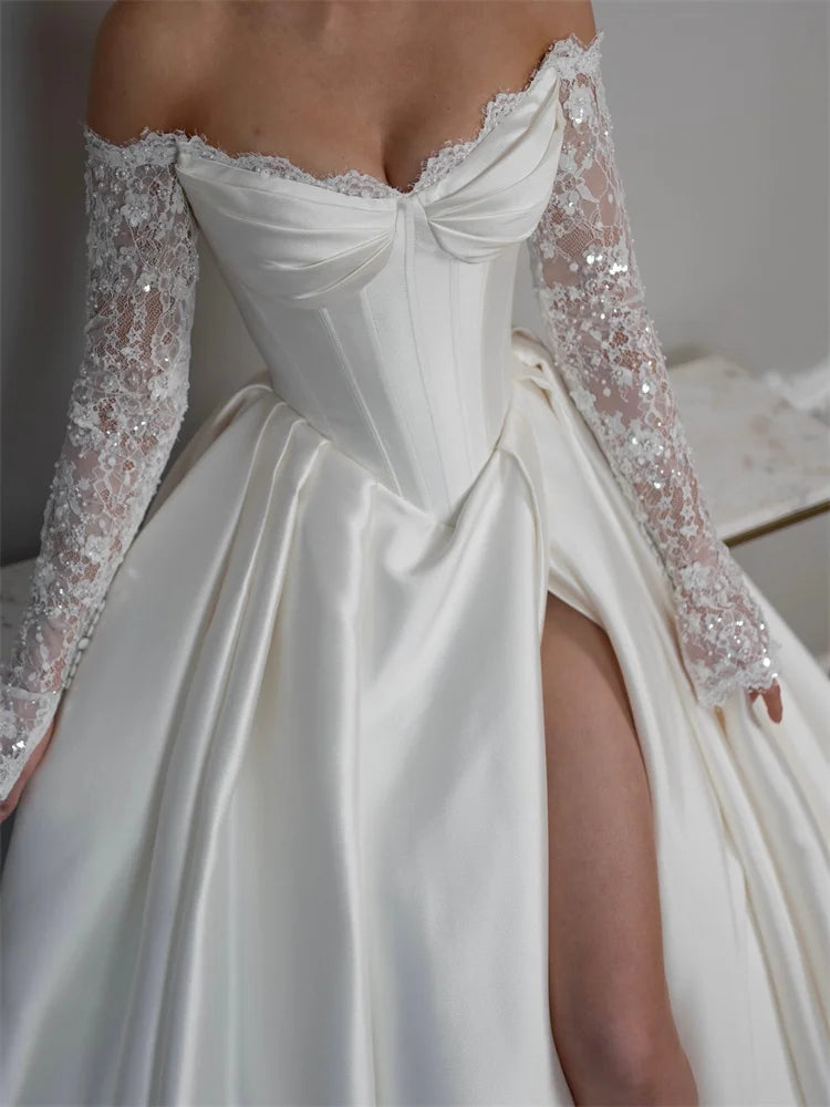 Custom Off Shoulder Satin A Line Wedding Gown Lace Up Back Side Slit