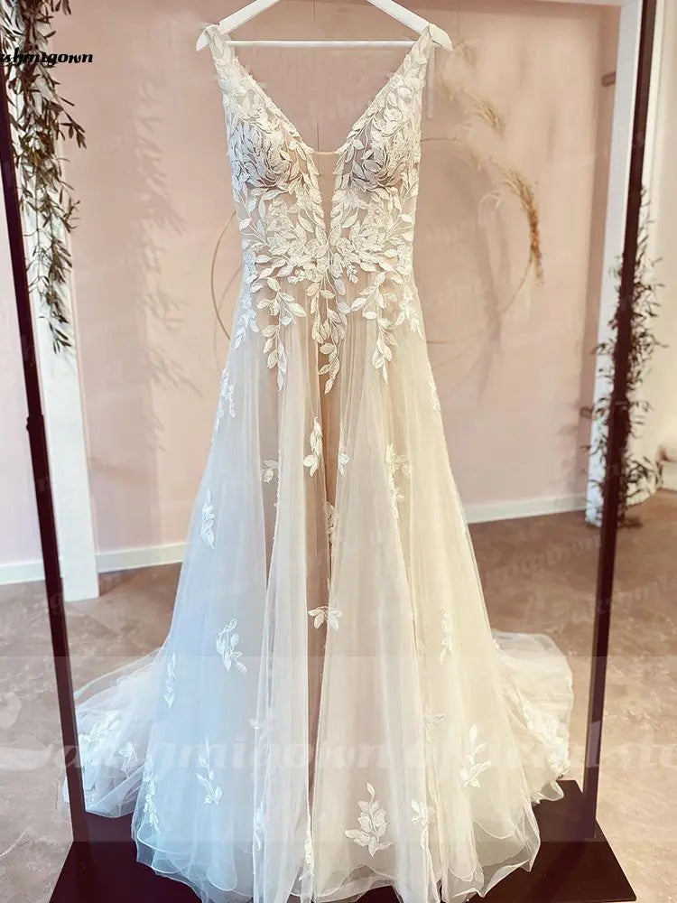 Custom Made Champagne Bridal Gown With V Neck Lace Appliques