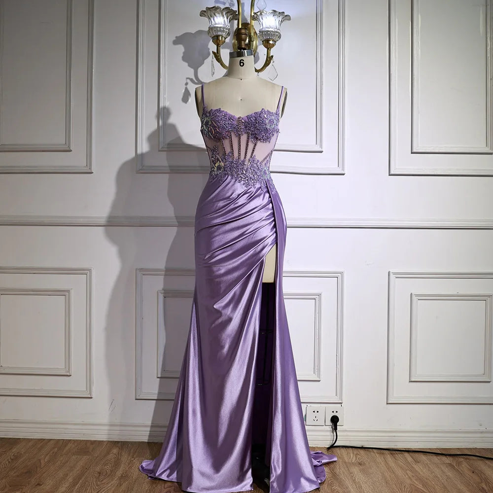 Luxury Mint Green Satin Beaded Prom Dress with Slit LA72995