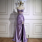 Luxury Mint Green Satin Beaded Prom Dress with Slit LA72995