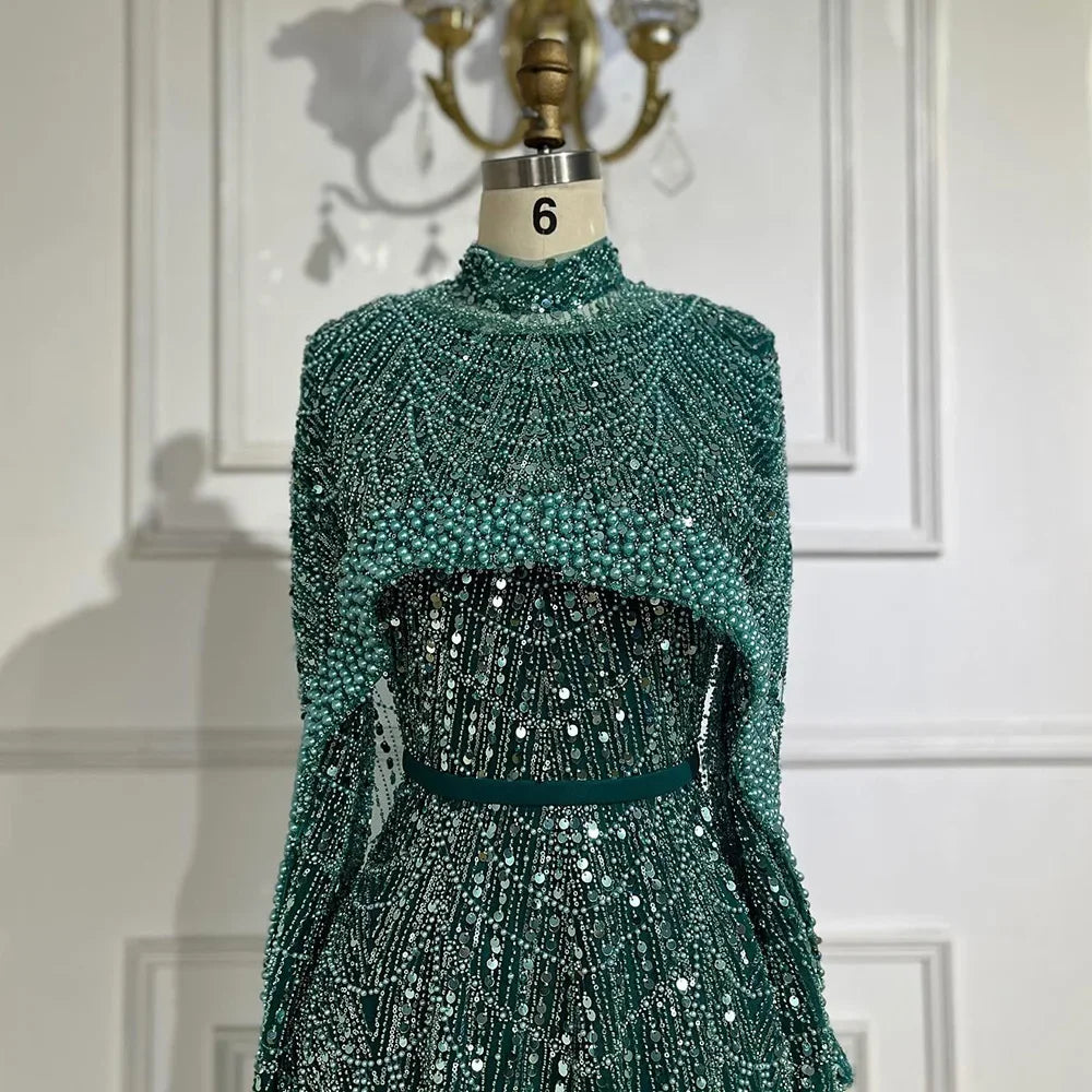 Custom Green Long Sleeve A Line Evening Cape Wedding Party Dress For Women