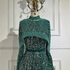 Custom Green Long Sleeve A Line Evening Cape Wedding Party Dress For Women