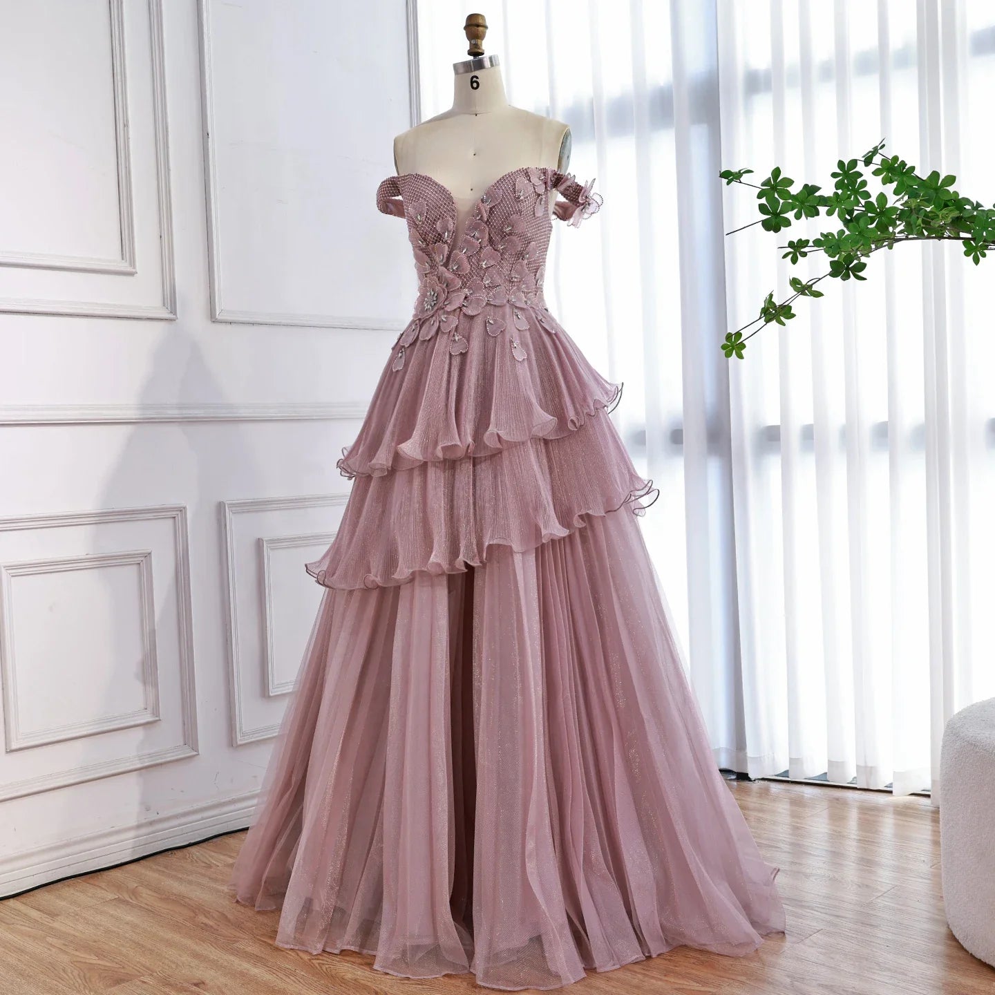 Luxury Pink Dreamy Ruffles Beaded A-Line Evening Dress LA73385